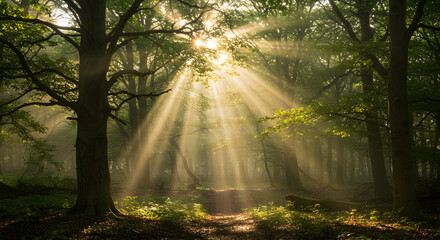 Golden Sunlight Rays Through Forest Trees