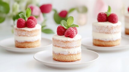 Three layered mini cakes topped with fresh raspberries and mint leaves, elegantly arranged on white plates, and close-up view on a light background.