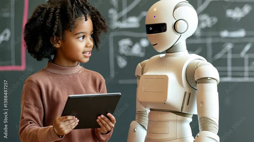 Aufkleber ai learning theme,child interaction with robot exploring technology, education, and learning on tabl