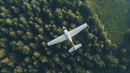 Fototapeta premium Aerial View of Single-Engine Airplane Soaring Over Lush Green Forest