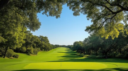 Naklejka premium Lush golf course fairway under a vibrant sky, framed by mature trees. A picturesque, well-maintained putting green is in the foreground