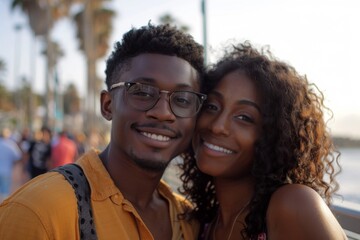 Naklejka premium Portrait of a young African American couple on the boardwalk in Los Angeles