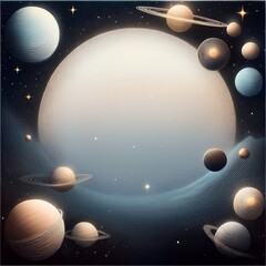 border frame of planets and stars background with copy space, science graphic resource
