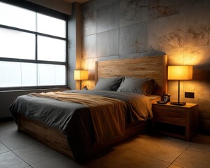 A serene bedroom with a wooden bed frame and headboard, accented by soft lighting from neurofuturistic LED bulbs