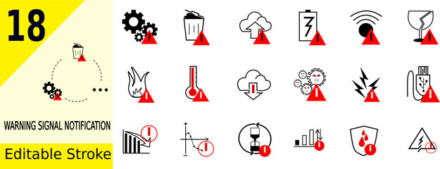 notification icon set of setting, trash, cloud storage, battery, internet, glass, fire, thermostat, virus, electrical, port, down trend, timer, shield