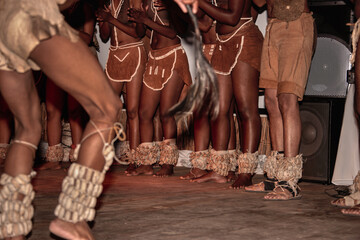 San or Bushman african dancers, Kaross with Tshega or Tjega South Africa and Botswana rattle pods...