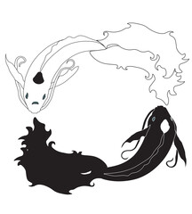 black and white koi swim together in a circle like yin and yang