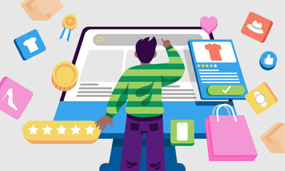 Teen Boy Online Shopping Frog View Illustration