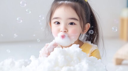 A young girl plays with fluffy white foam. Shes surrounded by bubbles. The image is brightly lit, high-resolution, and features soft, pastel colors. The style is cute and playful. The mood is light a