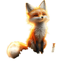 Fluffy 3D Fox Sitting on Ground with Tail Up Isolated on Transparent Background