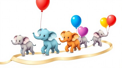 Adorable Baby Elephants Parade with Colorful Balloons Cute Cartoon Illustration
