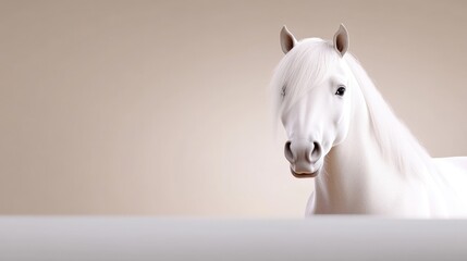 A majestic white horse, with a full, flowing mane, is the focus. It faces the viewer from behind a low white barrier. The background is a soft, neutral beige. The image is high-quality, with even lig