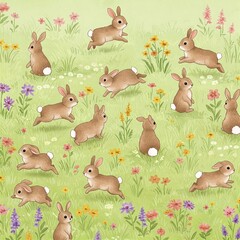 Adorable Brown Rabbits Hopping in a Spring Meadow Wildflowers Nature Cute Bunnies