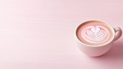A pink latte in a pale pink mug sits on a pink surface. The latte features delicate heart-shaped foam art. The image is clean, high-resolution, and brightly lit. Its minimalist style evokes calmness