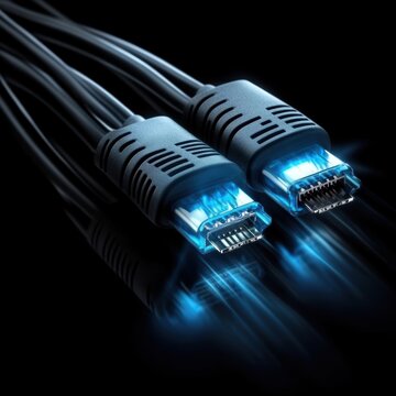 A close-up view of two high-tech data cables with illuminated connectors against a black background, showcasing their sleek design, This image is perfect for tech-related articles, websites