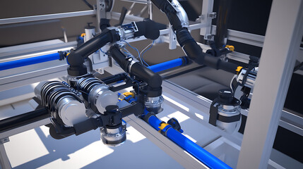 Mechanical arms constructing robotic arms for autonomous circuit board assembly in an electronics lab, robotic arms fitting soldering irons, conveyor belts