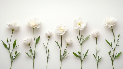 Fototapeta premium Elegant Row of White Lisianthus Flowers on White Background