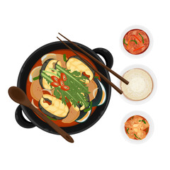 Vector Illustration Logo Clipart Top View Maeuntang Spicy Korean Fish Soup with Kimchi and Rice
