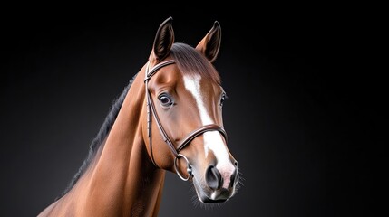 A majestic brown horse with white blaze standing in profile, elegant and strong, dark studio background, and close-up portrait of equine beauty.