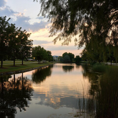 Fototapeta premium Unwind in a Serene Park Scene at Evening with a Gentle Breeze, Illuminating Tranquil Landscapes, Subtle Natural Hues, and an Atmosphere of Calm Reflection and Peaceful Respite
