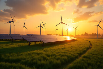 Obraz premium Sunrise over wind turbines and solar panels renewable energy farm green technology landscape