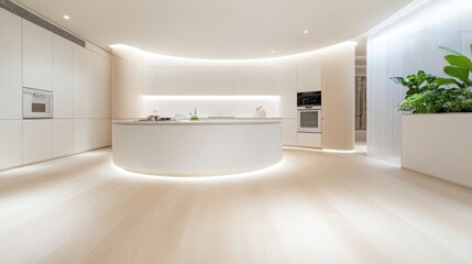 A modern, minimalist kitchen features a curved central island. White cabinetry and appliances create a bright, spacious feel. The light hardwood floor enhances the clean aesthetic. High-resolution