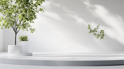 Obraz premium White Platform Minimalist Plants Soft Lighting, High-resolution Circular Display, Clean Lines Peaceful Scene, Studio Backdrop, Bright Neutral Tones, Ideal for Product Showcase