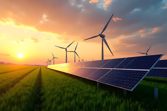 Harnessing renewable energy wind turbines and solar panels in a green landscape at sunset