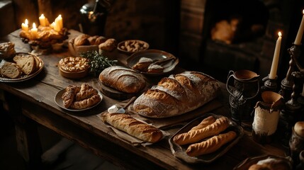 Rustic wooden table adorned with golden-brown bread and pastries in a warm, cozy atmosphere