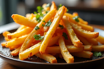 Crispy french fries delight cozy bistro food photography warm atmosphere close-up comfort food