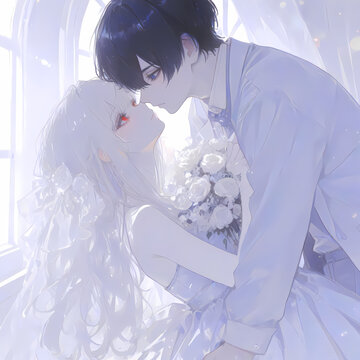 幻想的な新郎新婦。アルビノの少女と碧眼の青年の結婚式。漫画風のAIイラスト