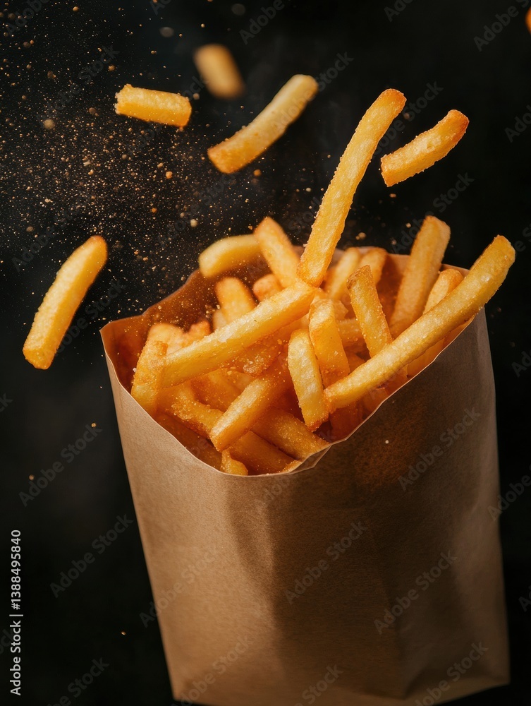 Poster crispy golden fries flying out of a paper bag with dramatic lighting and slow-motion capture effects