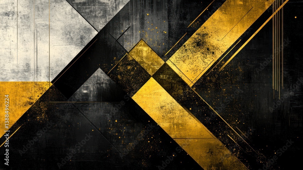 Poster abstract composition featuring intersecting geometric shapes in black white and gold tones with text