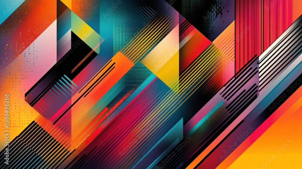 Poster dynamic interplay of geometric figures with vibrant coloration and sleek lines showcasing artistic a