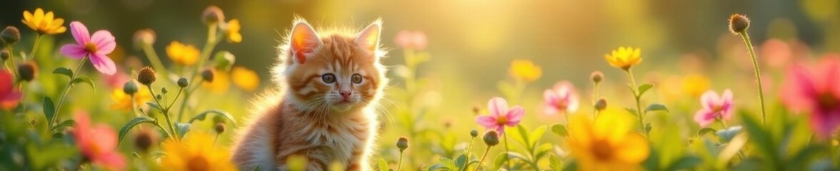 Fluffy kitten amid vibrant wildflowers, soft sunlight , pet, flowers