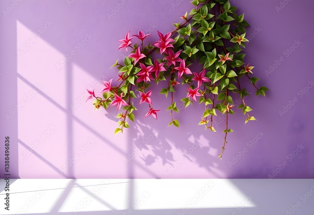 Poster purple wall with climbing plants. serene scene with textured backdrop, vibrant pink and green leaves