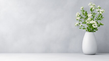 A white vase with delicate white flowers and green leaves on a minimalist white surface, soft focus background, and elegant and serene composition.