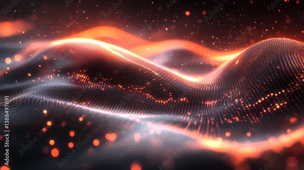 Poster abstract digital landscape with glowing particles and undulating formations shimmering with orange l