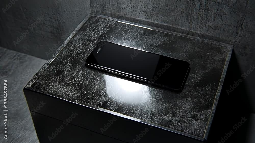 Poster smartphone resting on a black onyx surface in a modern setting generative ai