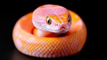 Fototapeta premium A pink and orange snake is coiled in a ring, its head prominent in the center. The image is sharply focused, showcasing the snakes scales. Lighting is dramatic, highlighting the snake against a blac