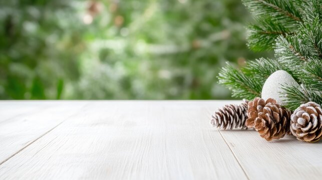 A white wooden surface displays pine cones and a sprig of evergreen. The composition includes a white decorative egg. The background is a blurred green landscape. The image is high quality, brightl