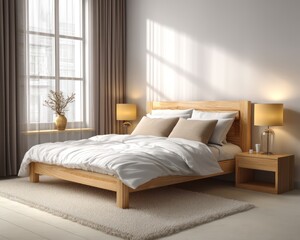 A tranquil bedroom featuring a light maple wood bed frame with soft white bedding