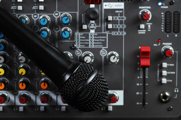 Professional mixing console with microphone, top view. Radio studio equipment