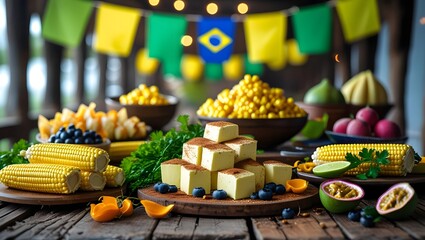 Table decorated with typical Brazilian June festival foods, including corn, sweets, tropical fruits and colorful flags, with the Brazilian flag in the background. Vibrant and joyful cultural represent