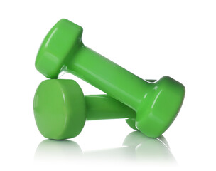 Green dumbbells isolated on white. Sports equipment