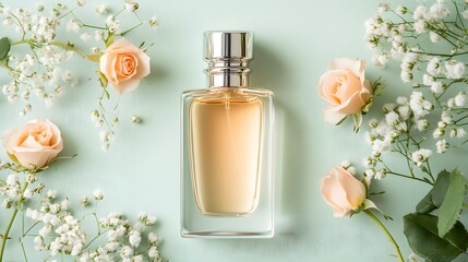 Elegant Perfume Bottle with Peach Roses and Baby's Breath Flowers
