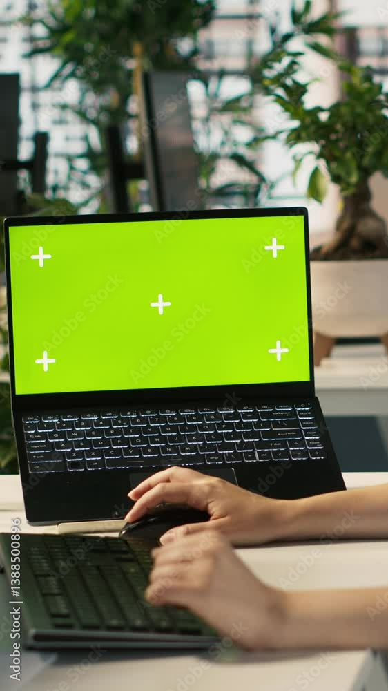 Poster vertical video office clerk uses chroma key devices to read data statistics on display after audit. 
