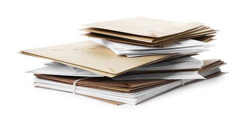 Stack of different paper envelopes on white background. Post office