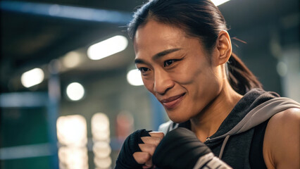 Diversity Exercise boxing, Focused athlete smiling in a gym, showcasing determination and strength during training. Powering strength in wellness.