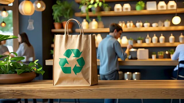 Eco-friendly paper bag with green recycle symbol on modern caf&eacute; counter